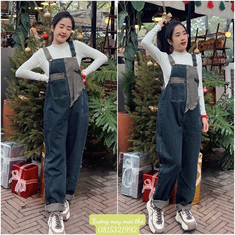Quần yếm Jean ống bo dáng dài,quần yếm phối màu độc lạ style hàn quốc-MAI THỎ STORE-