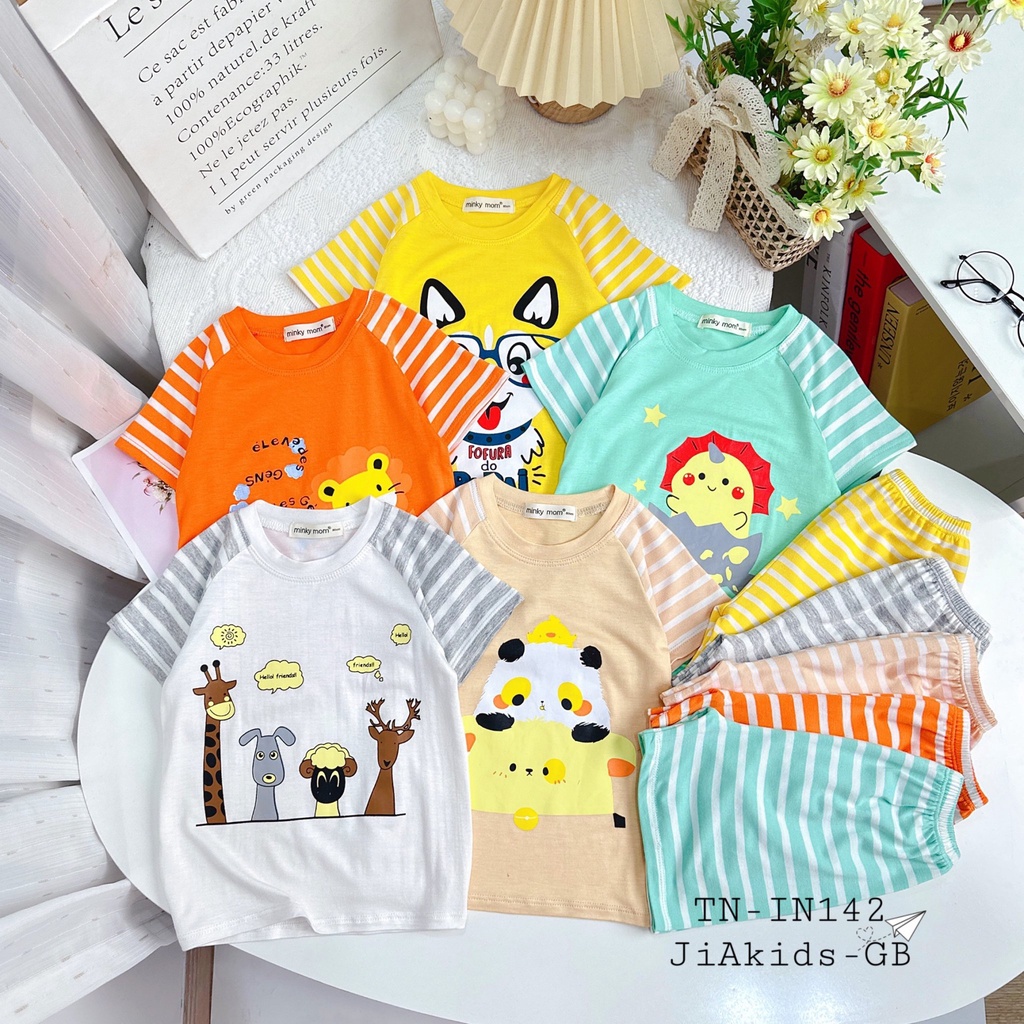 Bộ Cộc Tay THUN LẠNH MINKY MOM Vải Dệt Sọc Phối Thân Áo In Hình Dễ Thương Cho Bé TN-IN142