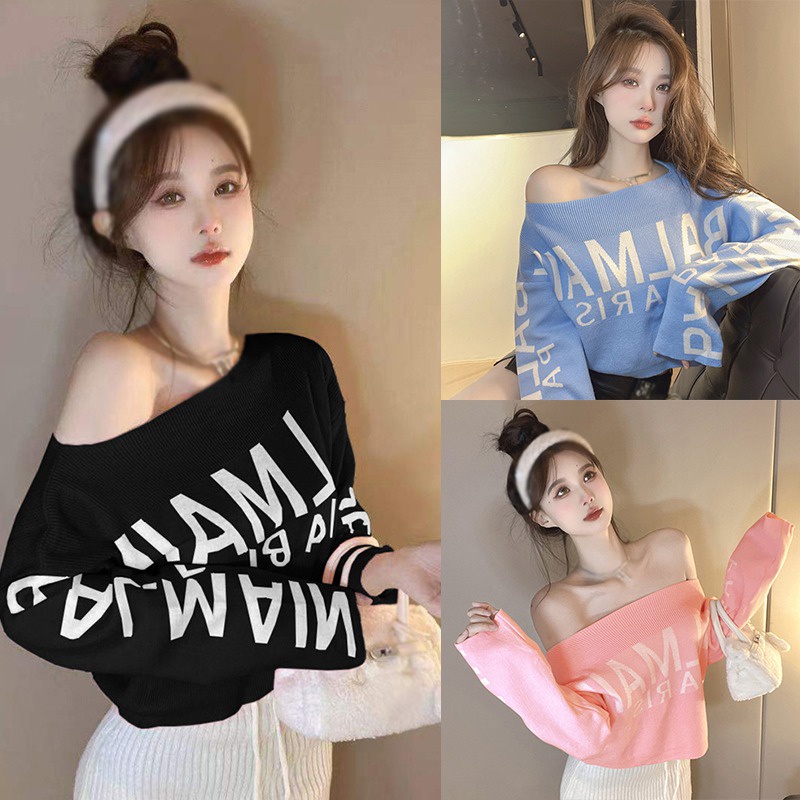 Áo Sweater Dệt Kim Dáng Rộng In Chữ Phong Cách Hàn Quốc Cho Nữ