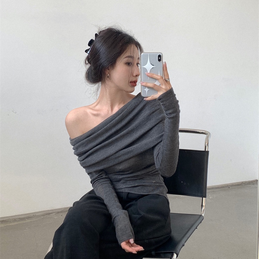 COZOKC COZOK Áo thun dệt kim COZOK trễ vai mỏng dài tay