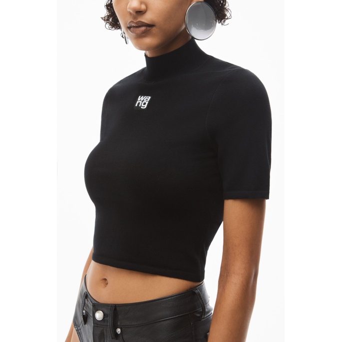 Áo Dệt Kim Tay Ngắn Cổ Cao Màu Trắng Thêu Chữ Thời Trang Mùa Thu 2022 Mới