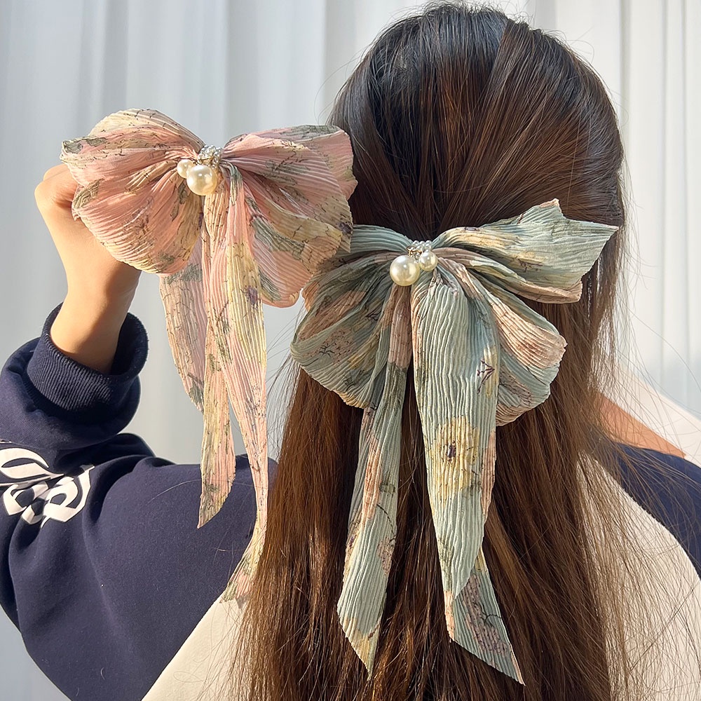 Kẹp Tóc Nơ Lớn In Họa Tiết Hoa Thời Trang Hàn Quốc Cho Nữ