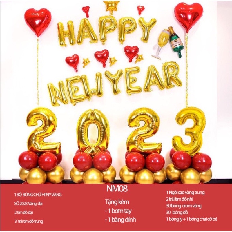 Sét bóng trang trí năm mới Happy New year ( Tặng Bơm keo)