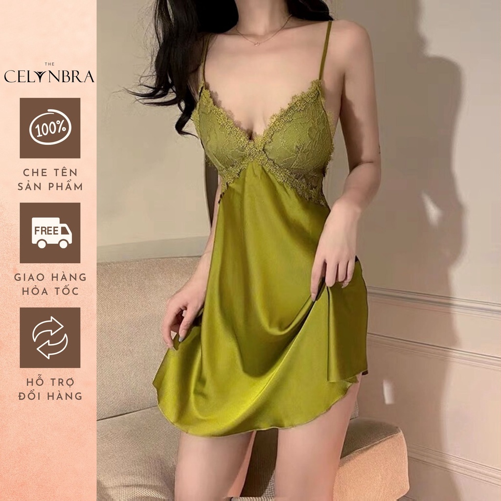 Váy ngủ lụa satin phối ren có mút gợi cảm THE CELYNBRA - V54