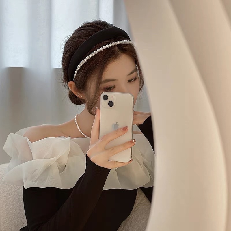 Bờm tóc vải da PU mix bờm hạt phong cách tiểu thư B150