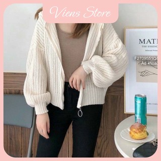 Áo khoác len nữ khóa kéo có mũ chùm thời trang - chất len dày dặn VIENS STORE