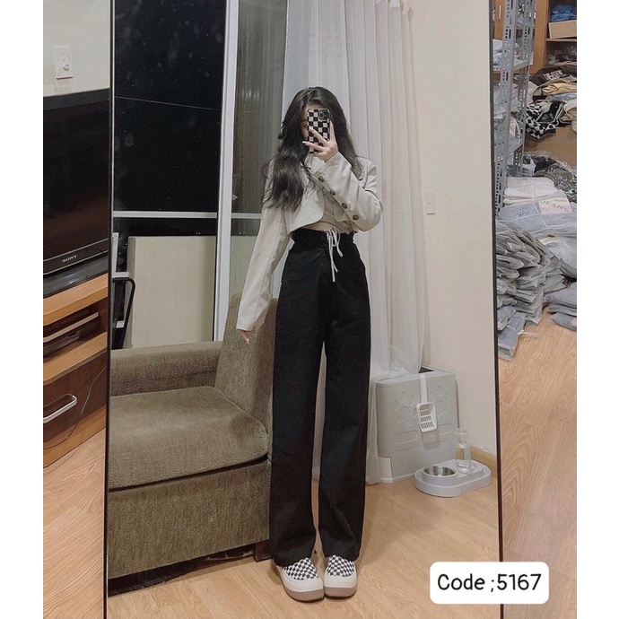 QUẦN JEANS DÀI ỐNG RỘNG TRƠN COTTON KHÔNG GIÃN LƯNG CAO- hình thật 100%