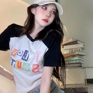 Áo thun croptop tay phối đen in lode