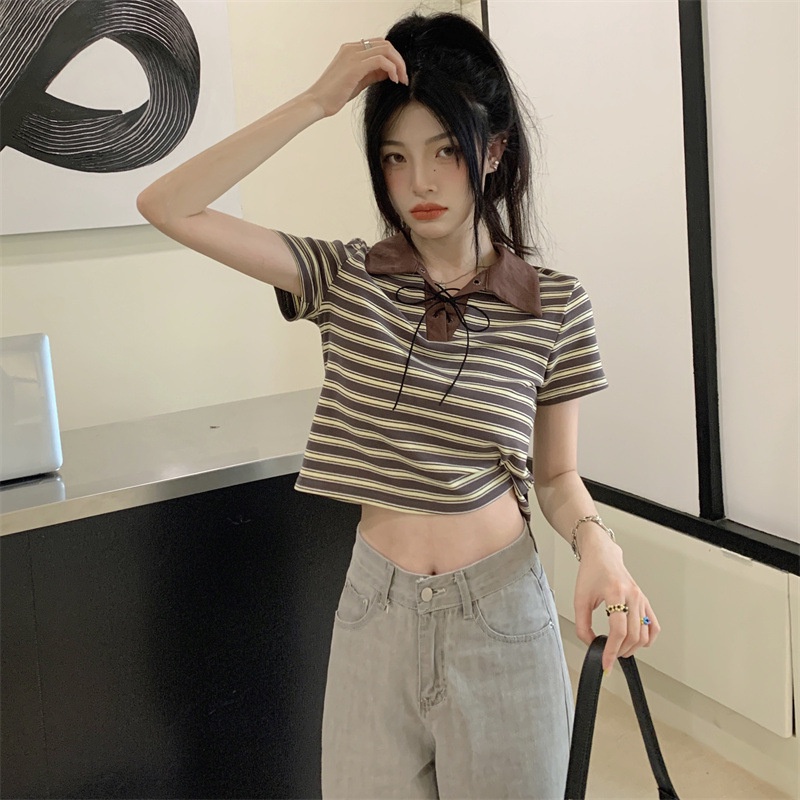 IELGY Áo polo Ngắn Tay Họa Tiết Sọc Thời Trang Dành Cho Nữ