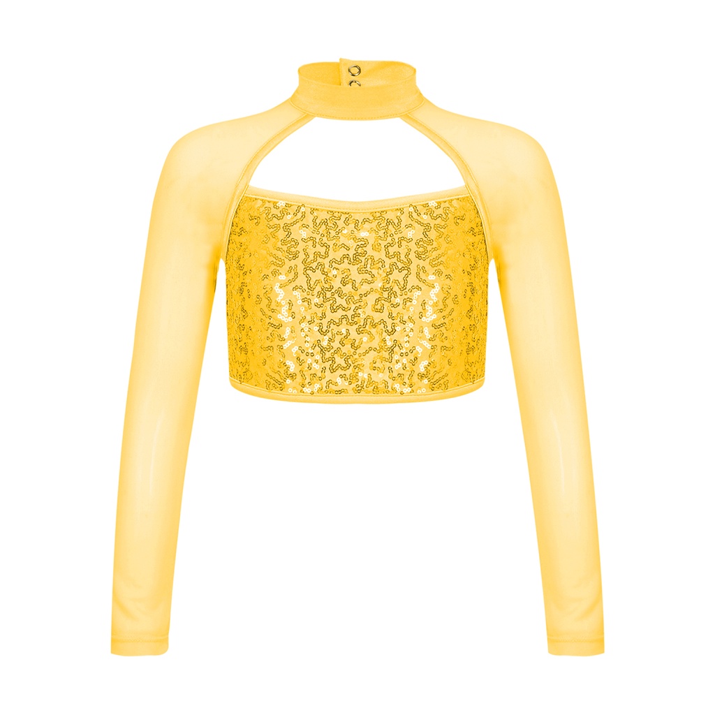 Trẻ Em Bé Gái Thời Trang Quần Áo Dài Tay Cổ Tròn Rỗng Sáng Bóng Kim Sa Lấp Lánh Trang Trí Khiêu Vũ Crop Top