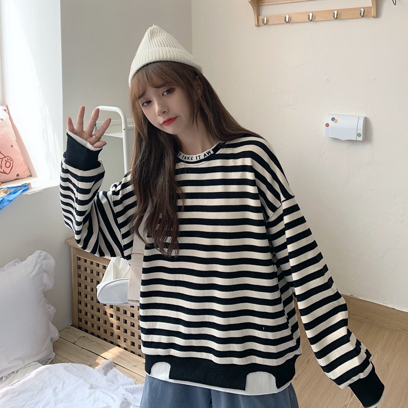 SUXI Áo Nỉ Dài Tay Sọc Ngang Thời Trang Nữ