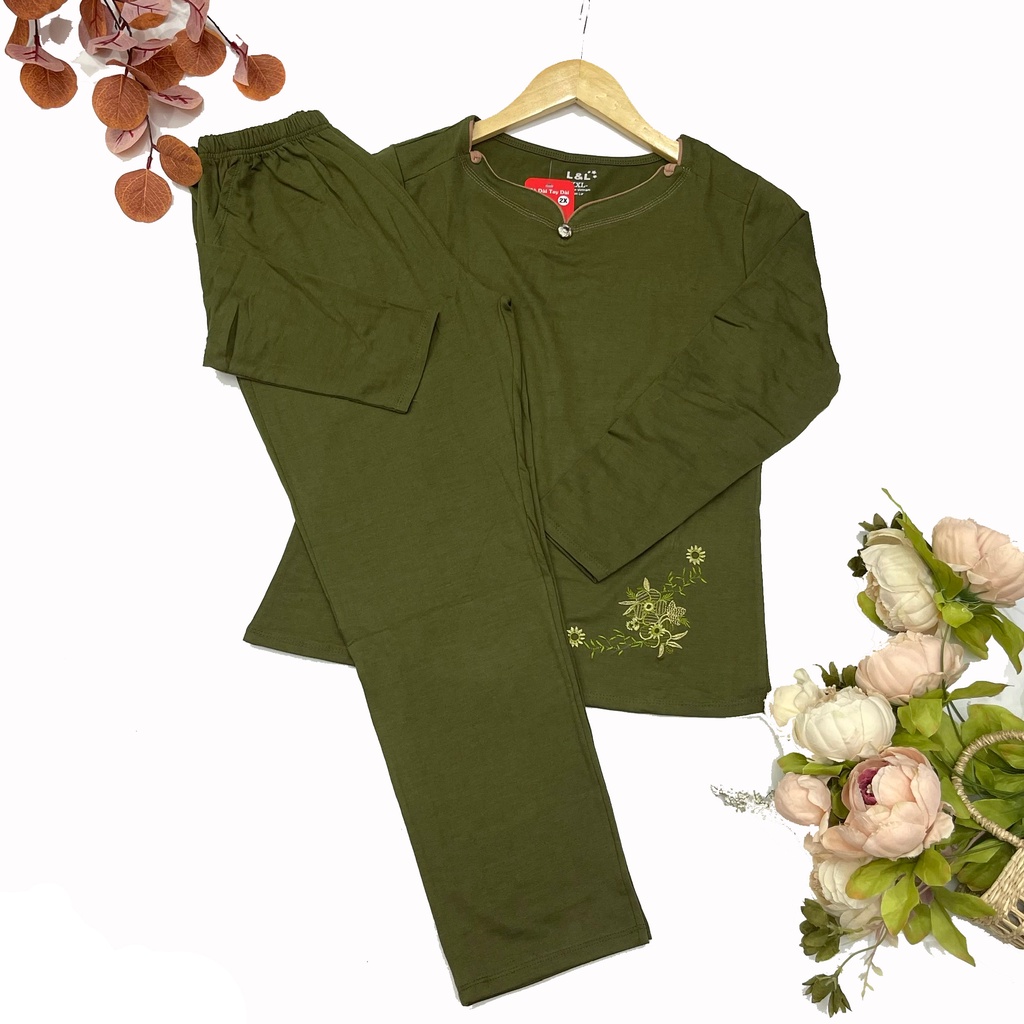 Đồ bộ trung niên nữ - quần áo ngủ cho mẹ cho bà mặc nhà thu đông cotton thêu hoa