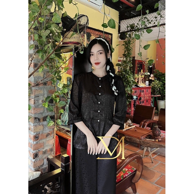 Bộ Đồ Lam Đi Chùa Tiểu Thư Túi Kiểu, Bộ Phật Tử Pháp Phục Đi Chùa Tay Lỡ Chất Lụa Gấm Cao Cấp Màu Đen
