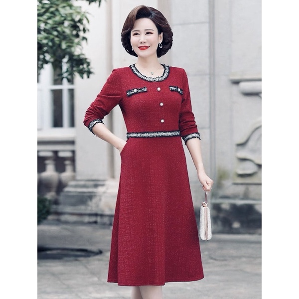 Đầm trung niên thu đông cho mẹ, đầm trung niên tay dài cao cấp AD54
