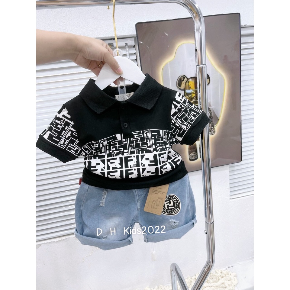 SÉT bộ nam quần bò rách áo cổ bẻ in hoạ tiết FF siêu đẹp và chất (10-22kgkg)