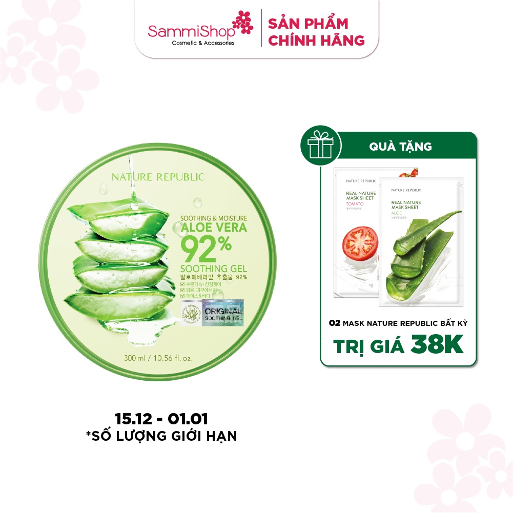 Nature Republic Gel dưỡng da Soothing & Moisture Aloe Vera 92% Soothing Gel (Jar) 300ml