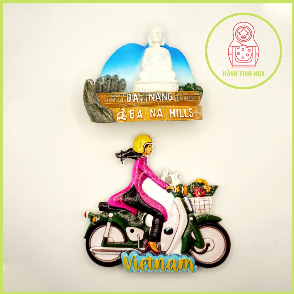 Magnet nam châm dán tủ lạnh Việt Nam - Bà Nà Hill Đà Nẵng và Áo dài xe cub - đồ lưu niệm Nga