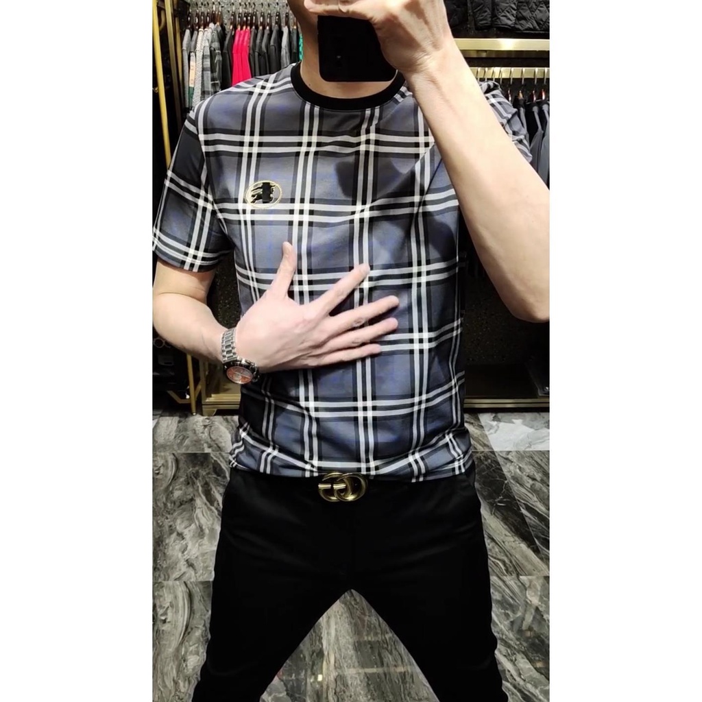 Áo Thun Tay Ngắn Bằng Lụa Lạnh In Chữ B Sọc Caro Trẻ Trung Thời Trang Mùa Hè Kiểu Châu Âu Cho Nam