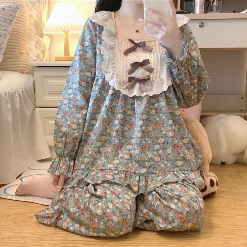 Bộ Đồ Ngủ Dài Tay Phong Cách Retro Nữ Tính