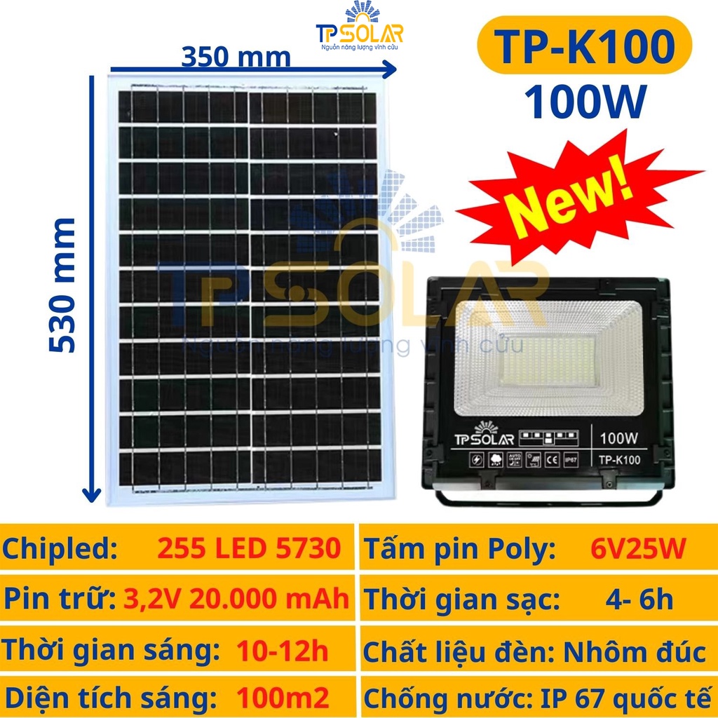 Đèn Pha Năng Lượng Mặt Trời TPSolar Công Suất 100W TP-K100 Độ Bền Cao, Chống Nước IP67