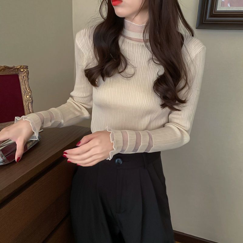 Áo Dệt Kim Phối Ren Lưới Thời Trang Thu Đông Mới Cho Nữ