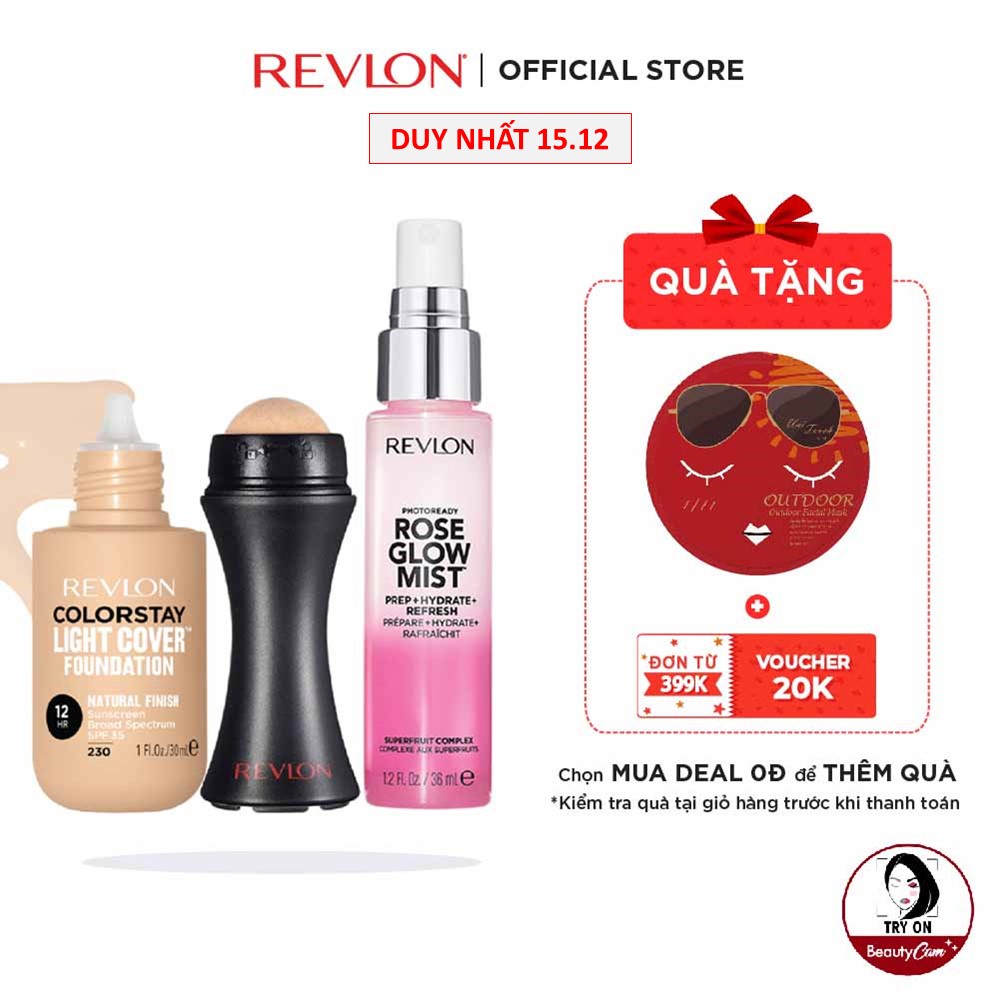 [Combo] Kem nền mỏng nhẹ lâu phai 12h Revlon Light Cover™-Xịt khoáng dưỡng da bắt sáng Rose Glow Mist -Thanh lăn hút dầu