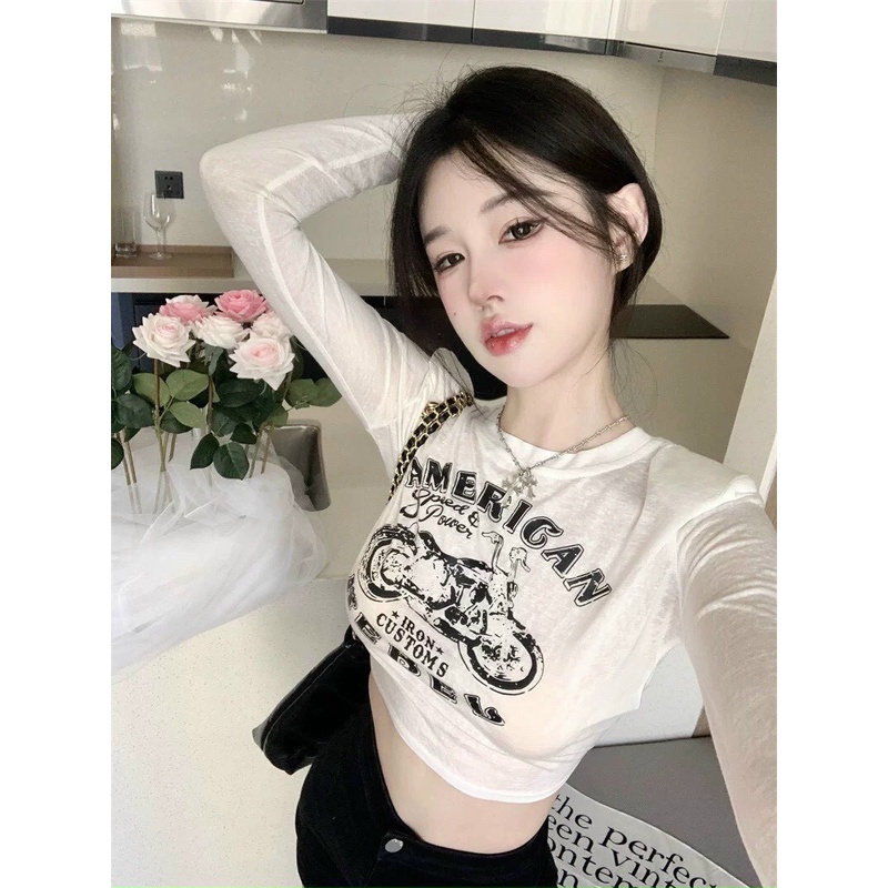 [CRTYK475] ÁO CROPTOP KIỂU LỬNG NỮ CỔ TRÒN DÀI TAY IN XE MÁY PHỐI CHỮ AMERICAN PHỐI CỘT DÂY SAU LƯNG MÀU TRẮNG ĐEN