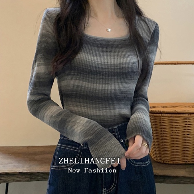 Áo kiểu ZHELIHANGFEI len dệt kim ôm dáng vừa vặn tay dài họa tiết kẻ sọc thời trang dành cho nữ