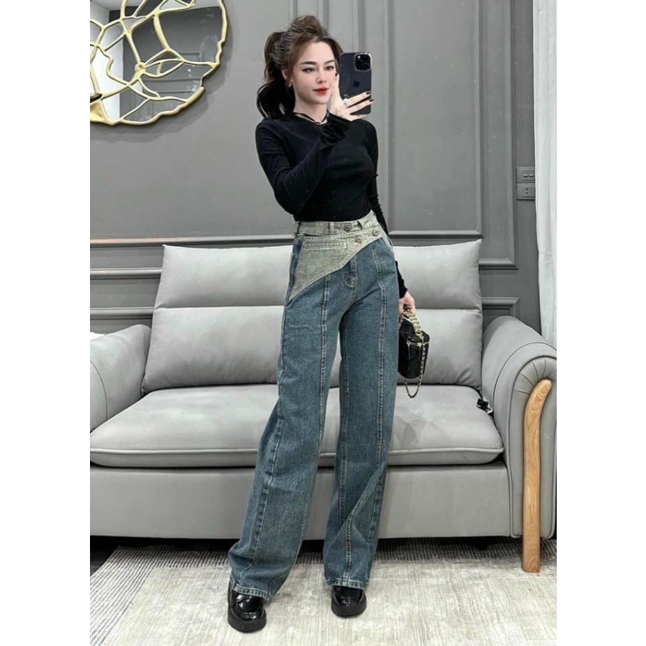 Quần Jeans ống suông phối kiểu chất jeans dày dặn sản phẩm bao test bao chất shop cam kết clip chính chủ ( size S, M, L)