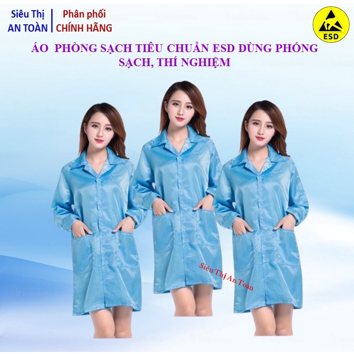 Áo phòng sạch chống tĩnh điện Blue, Áo Blouse phòng sạch ESD nam nữ màu trắng/xanh, dùng trong phòng sạch, phòng thí ngh