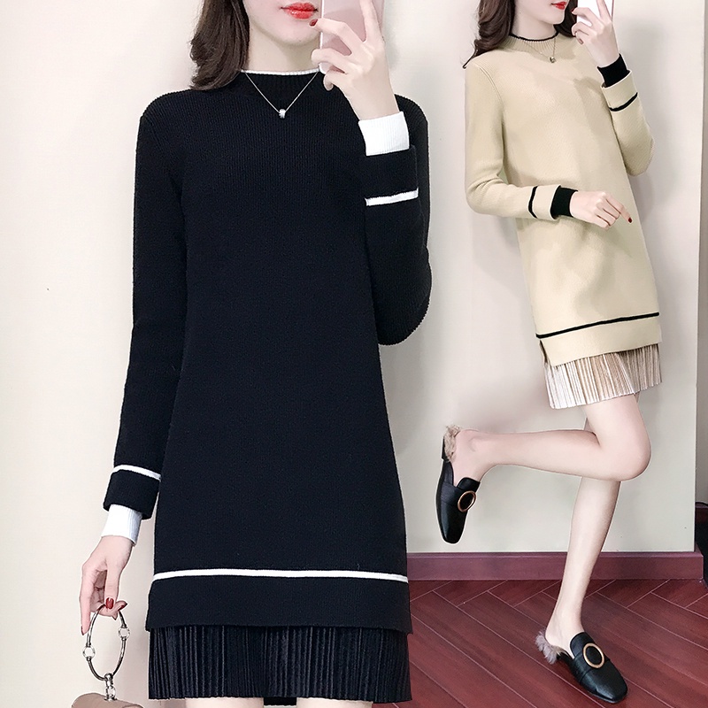 2022 Thu đông ăn mặc vừa và dài đan váy nữ tròn cổ đan đầu lỏng lẻo tay áo dài đan cardigan Hàn Quốc phong cách đan áo len đầm