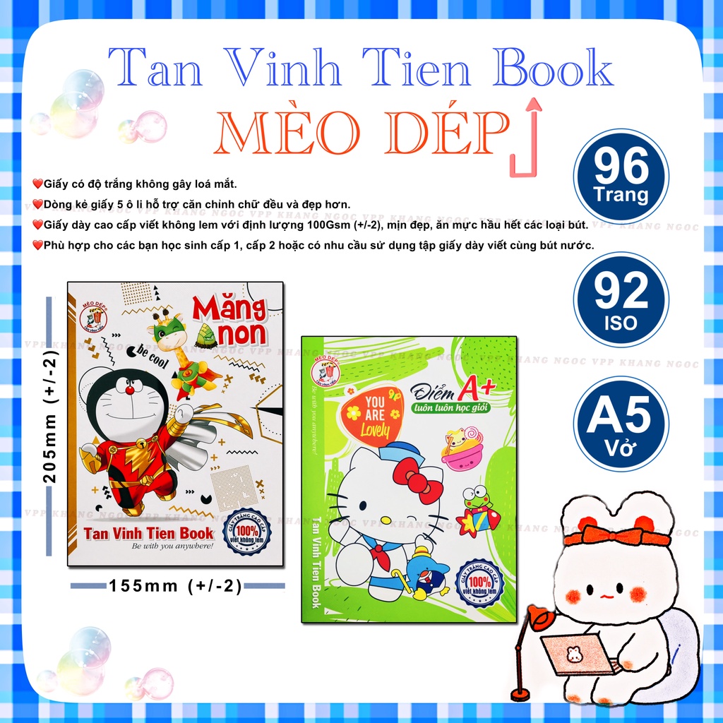 Tập Học Sinh 96 Trang Mèo Dép - Vở 5 Ô Li, Giấy A5 Dày 100Gsm Bìa Vở Doraemon, Kitty