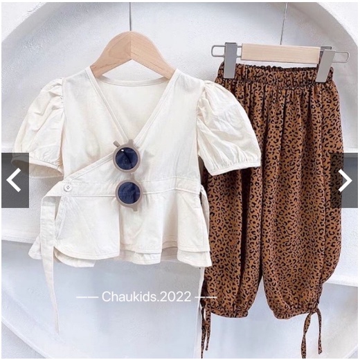 Set bé gái, bộ đồ bé gái gồm áo sơ mi trắng và quần da báo