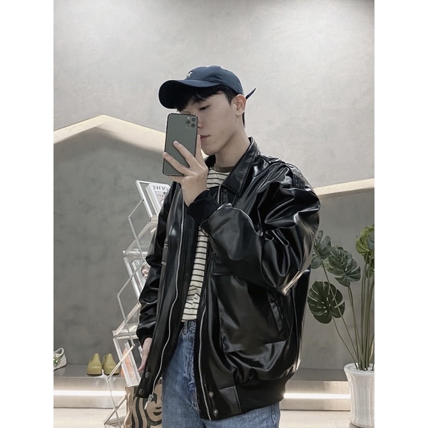 ÁO KHOÁC BOMBER FULL DA 2 MÀU ĐEN NÂU UNISEX NAM VÀ NỮ