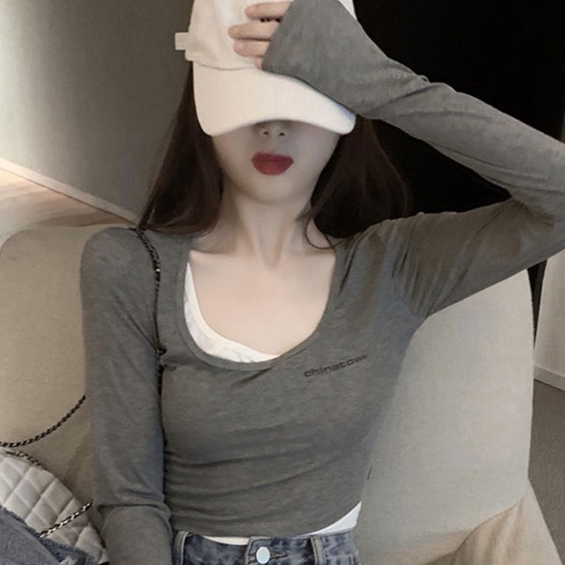 IELGY  IELGY Áo Thun Tay Dài Dáng Ôm Ngắn Màu Đen Thời Trang Cho Nữ