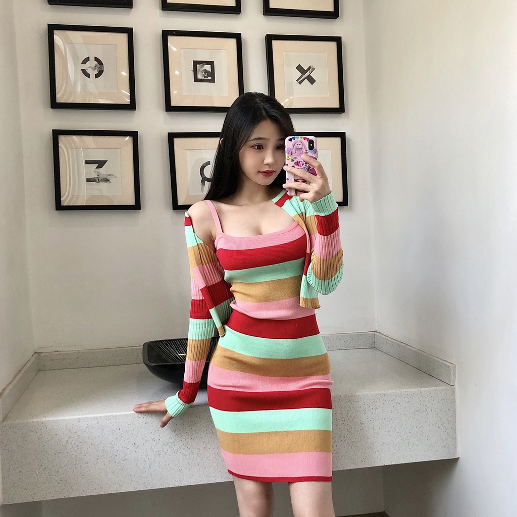 ZHELIHANGFEI Đầm Dệt Kim Dài Tay Họa Tiết Sọc Thời Trang Dành Cho Nữ