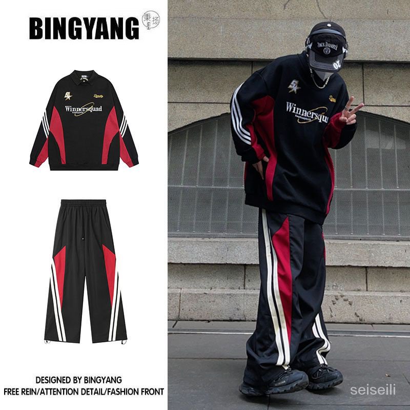 [Hai Món Gồm Áo Sweatshirt Dáng Rộng Kẻ Sọc + Quần Thể Thao Phong Cách Retro Mỹ Cổ Điển Đường Phố Cho Nam Và Nữ