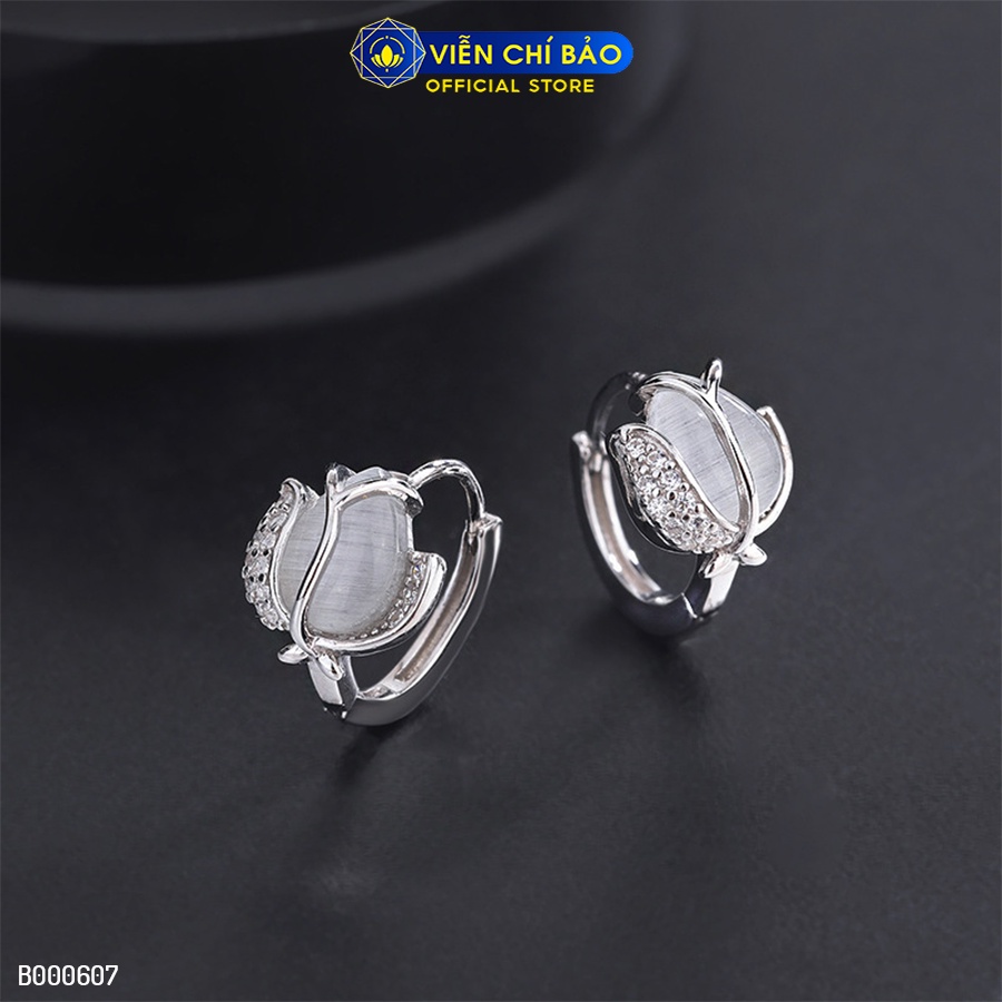 Bông tai bạc nữ hoa hồng khóa tròn đính đá chất liệu bạc 925 thời trang phụ kiện trang sức Viễn Chí Bảo B000607