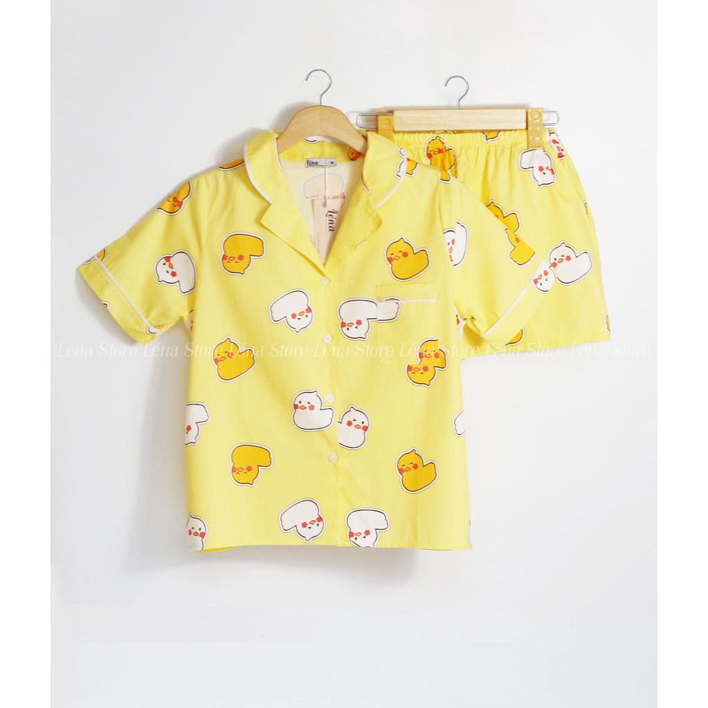 Bộ pijama thô Hàn vàng vịt con tay ngắn quần ngắn