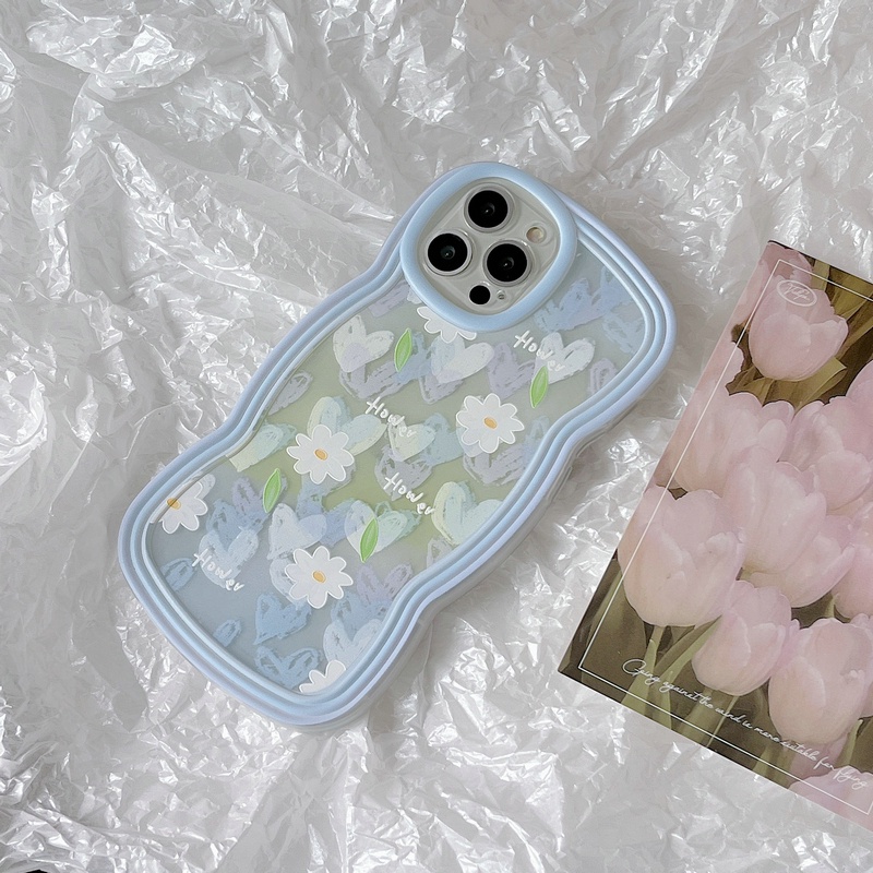 Redmi 9T Note 7 6 5 Pro Plus 4 4X S2 Mi 13T Blue wavy trim ins Love hearts and Daisy floral motifs Soft Phone Back Case BW 35