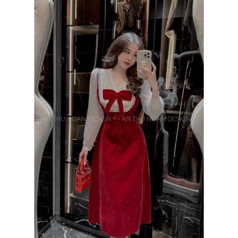 BIGSIZE HIẾU HIẾU ( Đầm nhung nơ ren dáng dài tay dài 55-100kg )