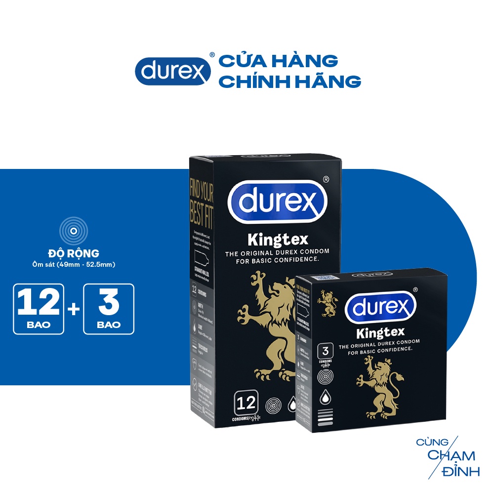 Bộ bao cao su Durex Kingtex ôm sát, bôi trơn size 49mm, 1 hộp 12 bao và 1 hộp 3 bao