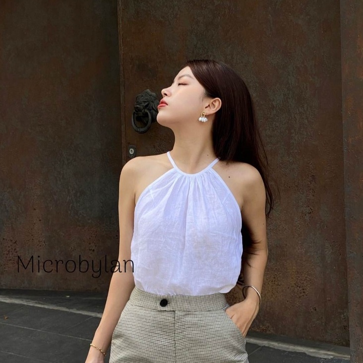 Áo yếm trơn Linen dạng ngắn 2 dây cột sau lưng