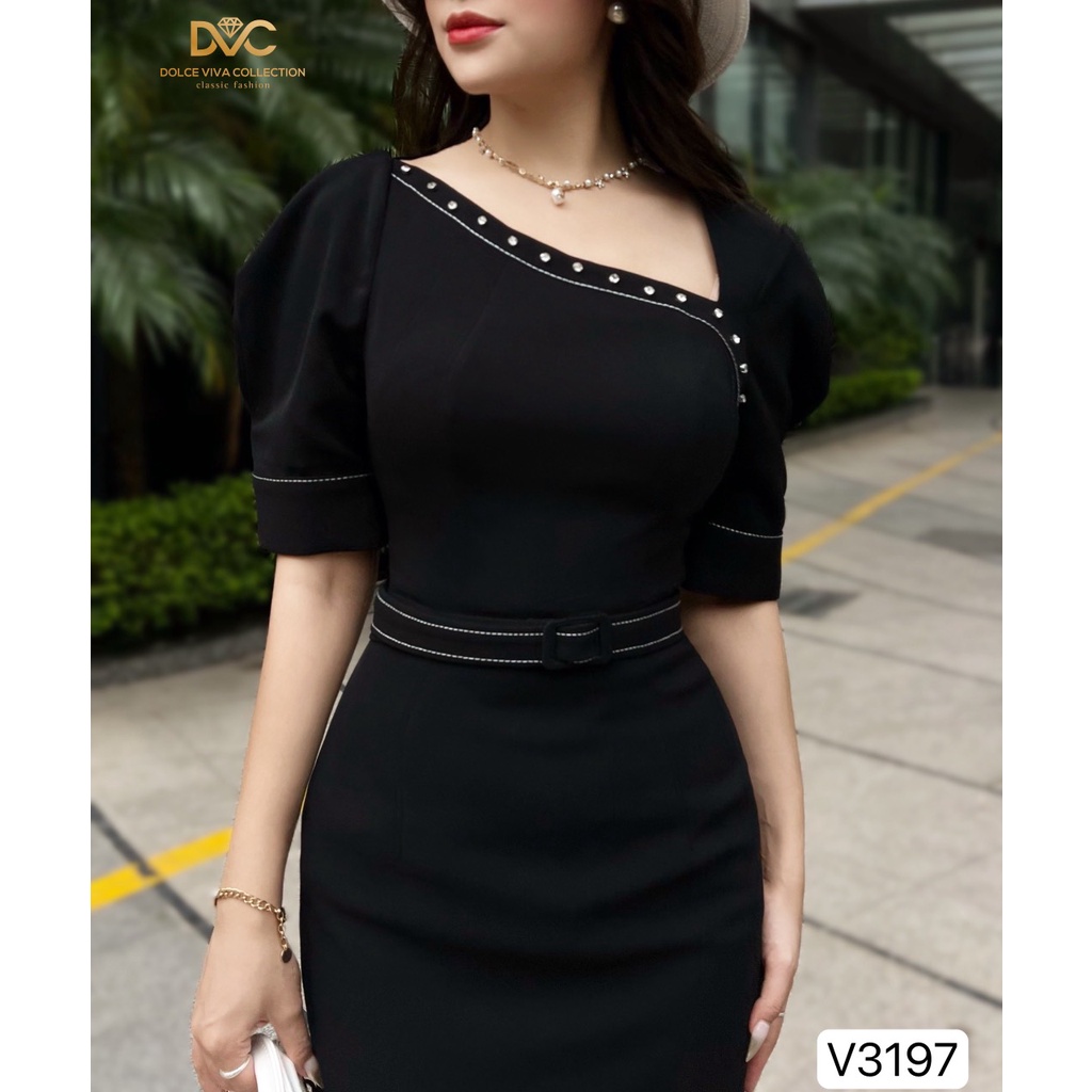 Váy đen cổ lệch đính đá sang trọng thiết kế cao cấp V3197- DVC
