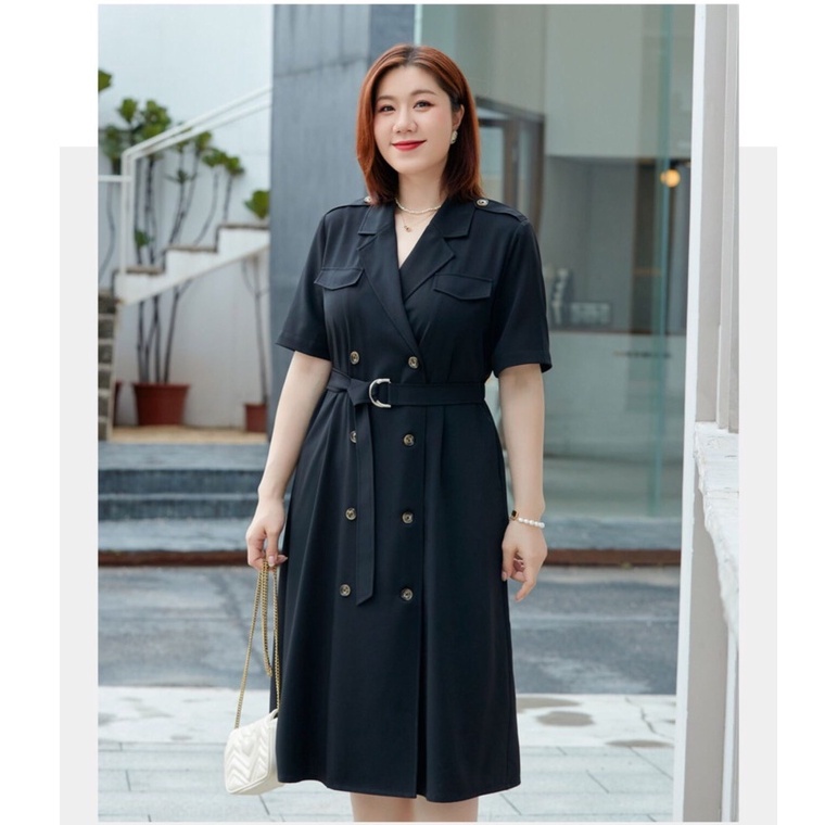 Đầm váy công sở bigsize MAIHOUSE tay ngắn cổ vest cài nút kèm dây belt dáng suông màu kem, đen - D2591