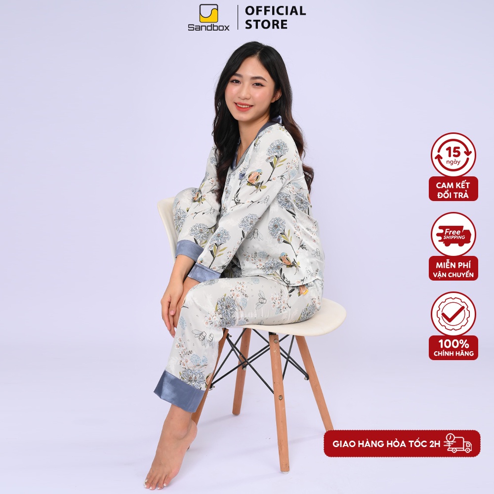 Bộ Đồ Ngủ Nữ Pijama Dài Tay Lụa Satin Cao Cấp Họa Tiết Đẹp Chất Liệu Mát Mềm Mịn Thấm Hút Co Giãn Nhẹ Dáng Đẹp SANDBOX