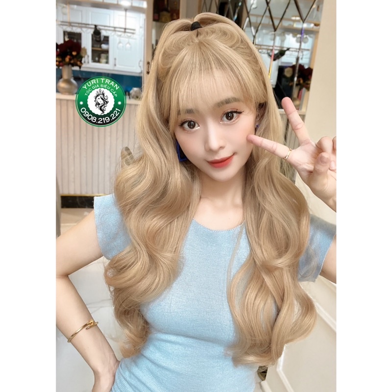 TÓC GIẢ VÀNG KIM KHÓI DÀI - DÁNG TÓC XOĂN SÓNG BỒNG VÀNG TÂY TẠO KIỂU CỘT SẴN NHƯ ẢNH ( hình thật 100%) tặng lưới