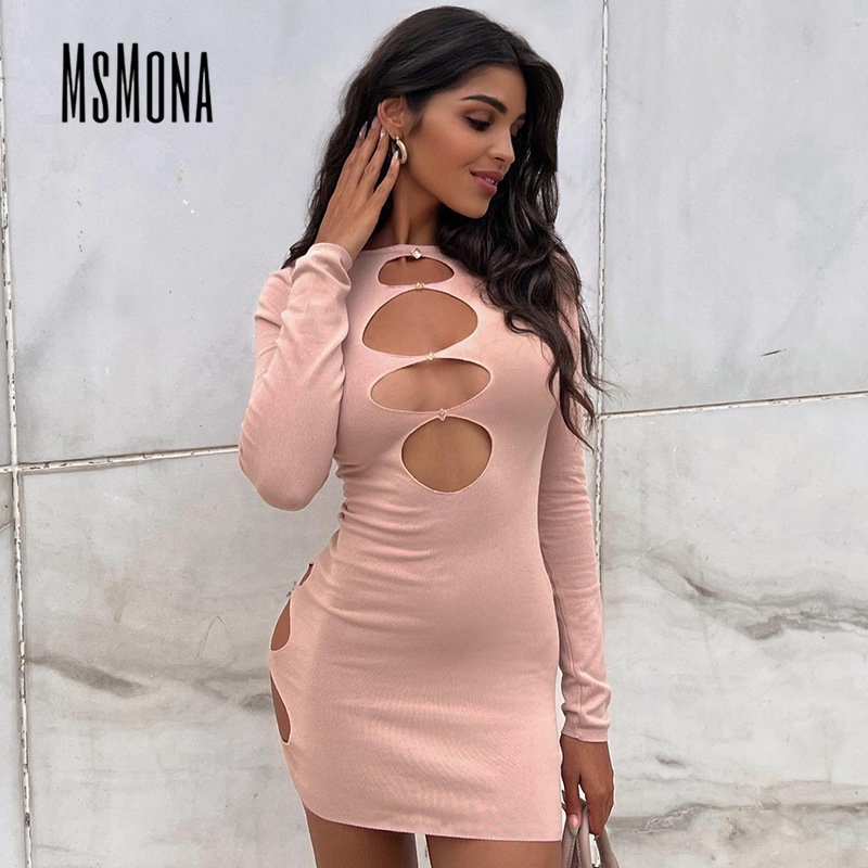 MsMona Đầm Mini Tay Dài Màu Trơn Thời Trang 2022 Quyến Rũ Cho Nữ