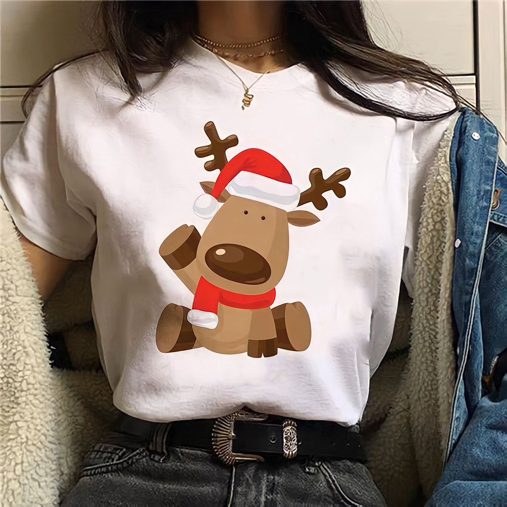Áo Thun Nữ Cộc Tay Tuần Lộc 🦋 Áo Phông Noel Cổ Tròn In Hình 3 Màu 🦋