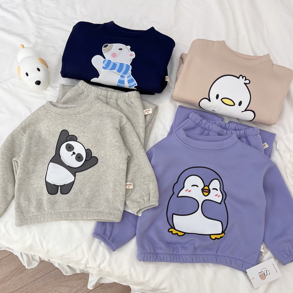 Bộ quần áo nỉ lót bông dài tay bo gấu siêu ấm dày dặn in hình decal không rạn cho bé 9-26kg